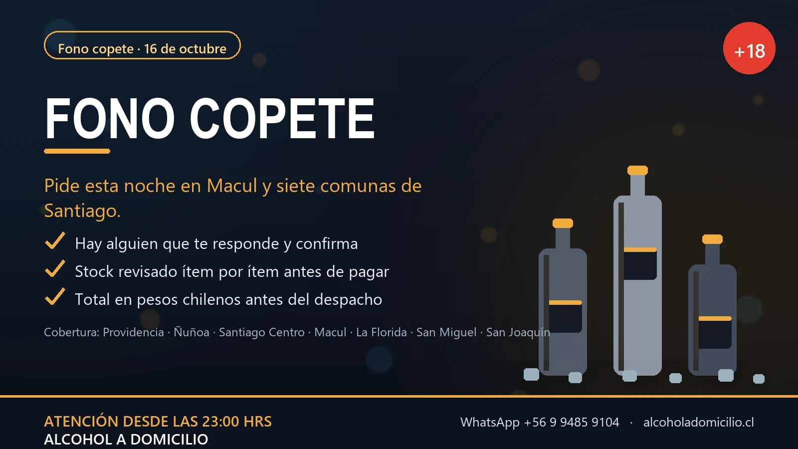 Fono copete con reparto nocturno de cerveza, destilados y hielo a domicilio en Macul, Santiago.